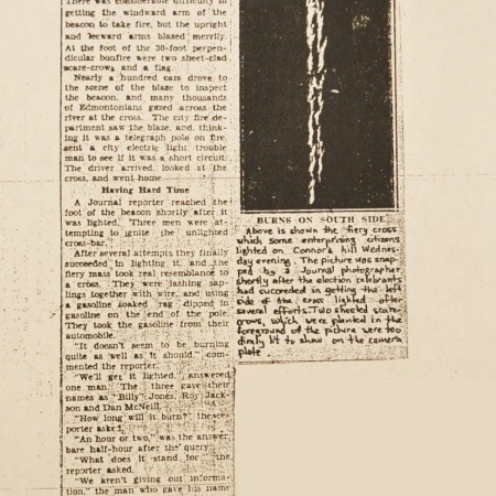 An Edmonton Journal article about the cross burning on November 12, 1931.