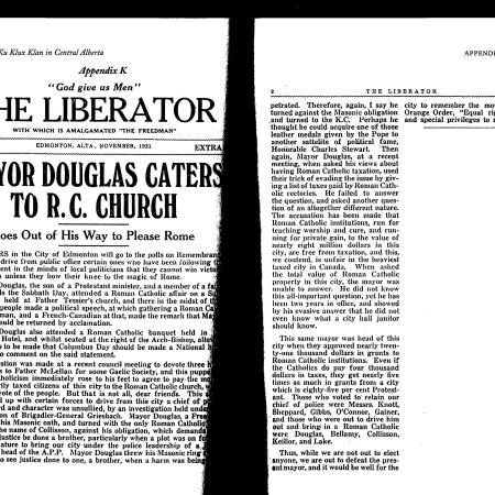 An article of the Liberator criticizing Edmonton's Mayor Douglas for being too supportive of Catholics.