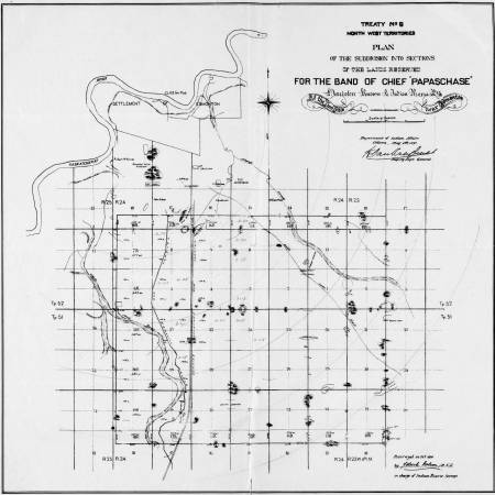 An October 1890 survey of the Papaschase reserve. The Mount Pleasant Cemetery hill is shown on this map as the diagonal smudge on the north border of the reserve, towards its west edge.