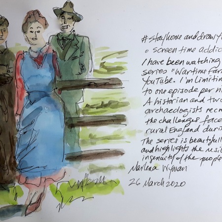 Three sketched figures, in front of and behind a fence at a farmhouse. Text describes the #stayhomeanddrawyeg prompt: a screen time addiction.