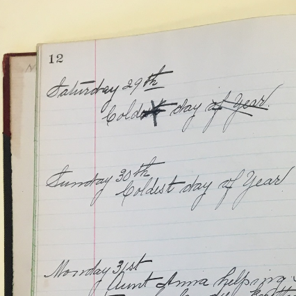 Annie York Secord's diary entries for January 29 & 30, 1916. Cold day, then Coldest day of the year.
